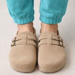 Project Cloud Tan Suede Platform Clogs Double Buckle Mules Womens 7.5 NWT